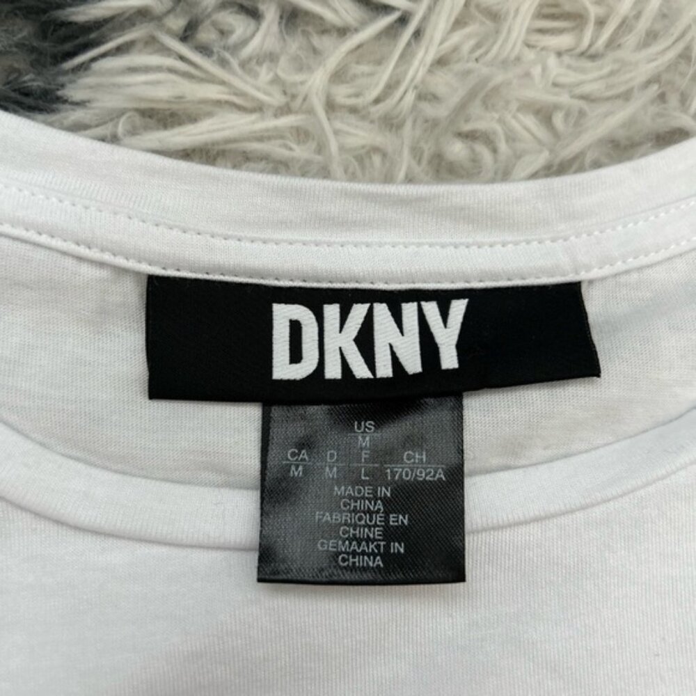 DKNY Ruched Puff Sleeve Mixed Media Logo Tshirt - Picture 4 of 6